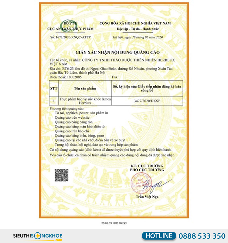 giấy xác nhận của xmen herblux