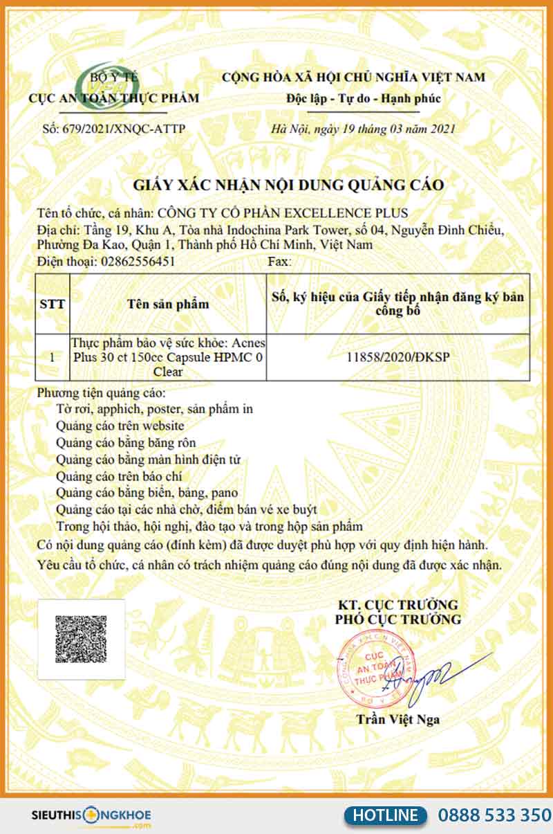 giấy xác nhận nội dung quảng cáo acnes plus