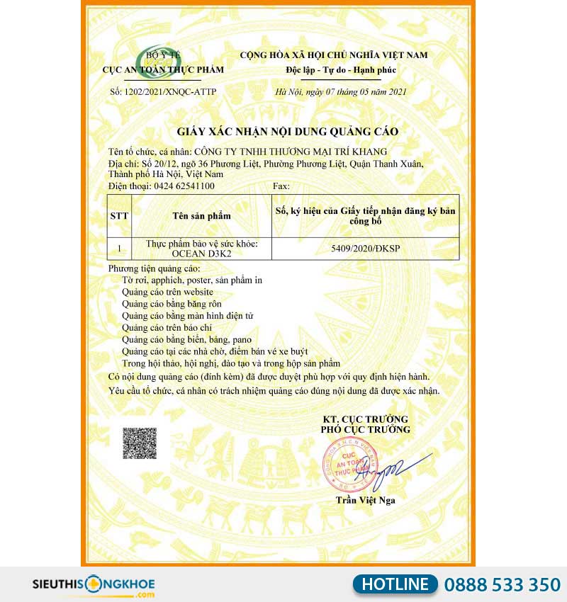 giấy xác nhận nội dung quảng cáo của ocean d3k2