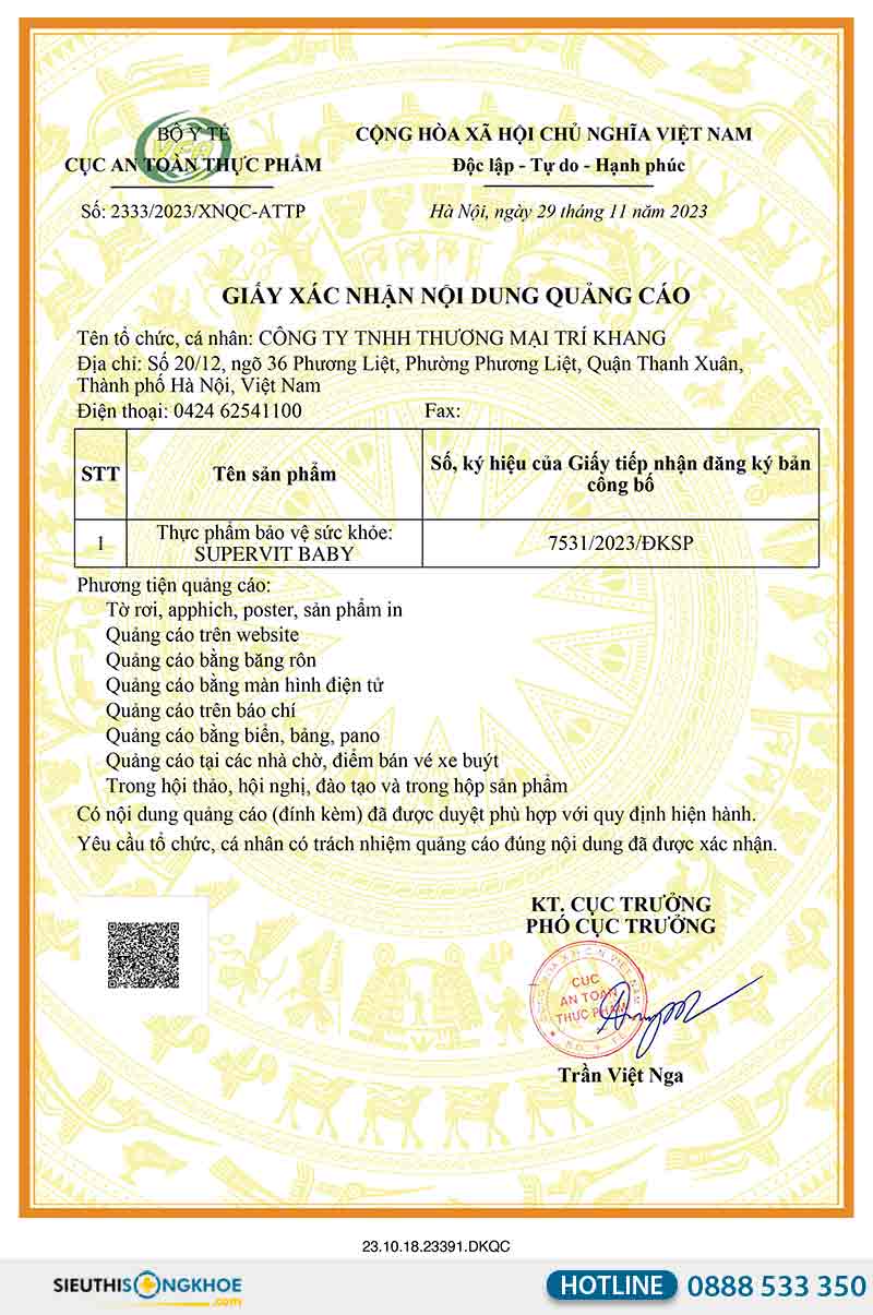 giấy xác nhận nội dung quảng cáo supervit baby