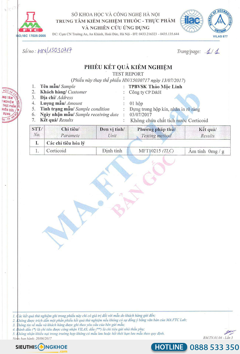 giấy xét nghiệm viên uống thảo mộc linh