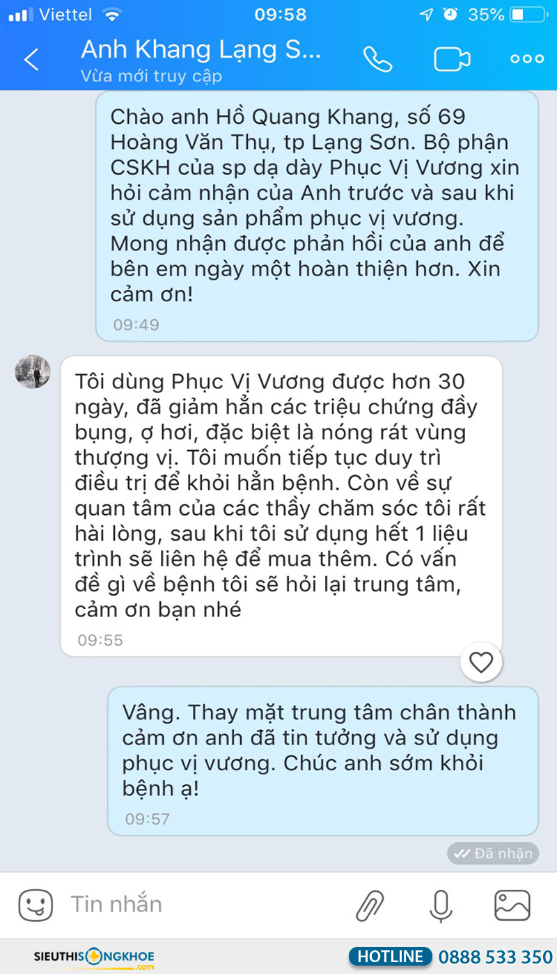 phản hồi khách hàng của phục vị vương
