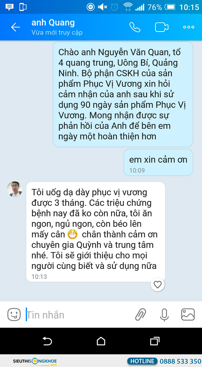 phản hồi khách hàng về phục vị vương