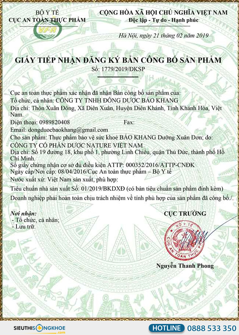 giấy chứng nhận của bảo khang dưỡng xuân đơn
