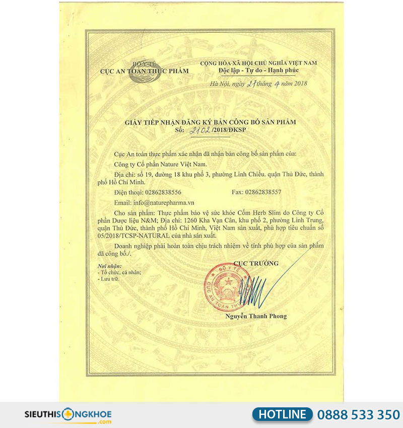 giấy chứng nhận của cốm herbslim