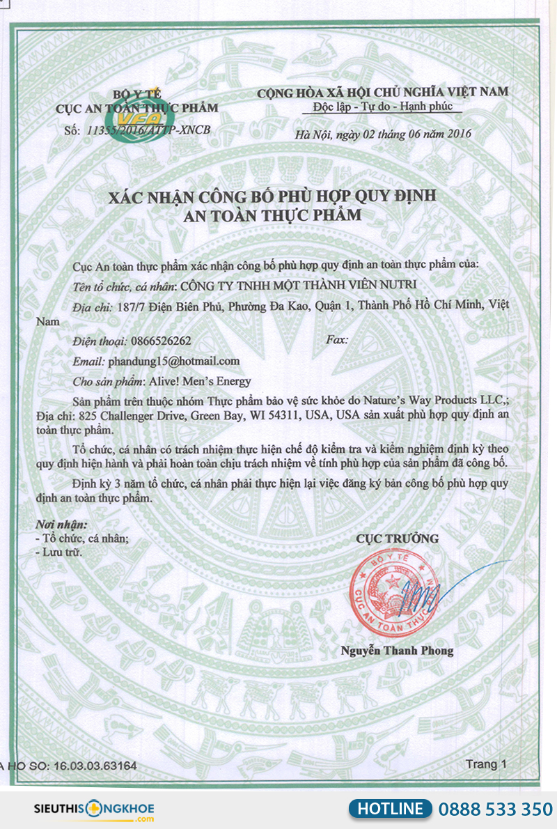 giấy chứng nhận của alive men's energy