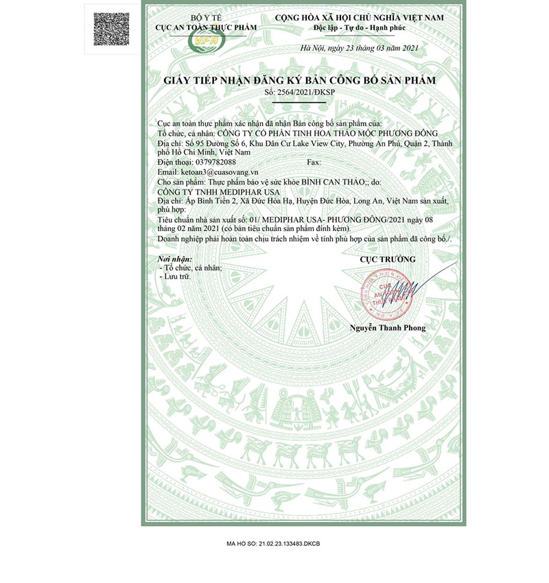 giấy chứng nhận của bình can thảo