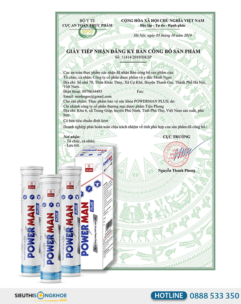 giấy chứng nhận của viên sủi power man plus