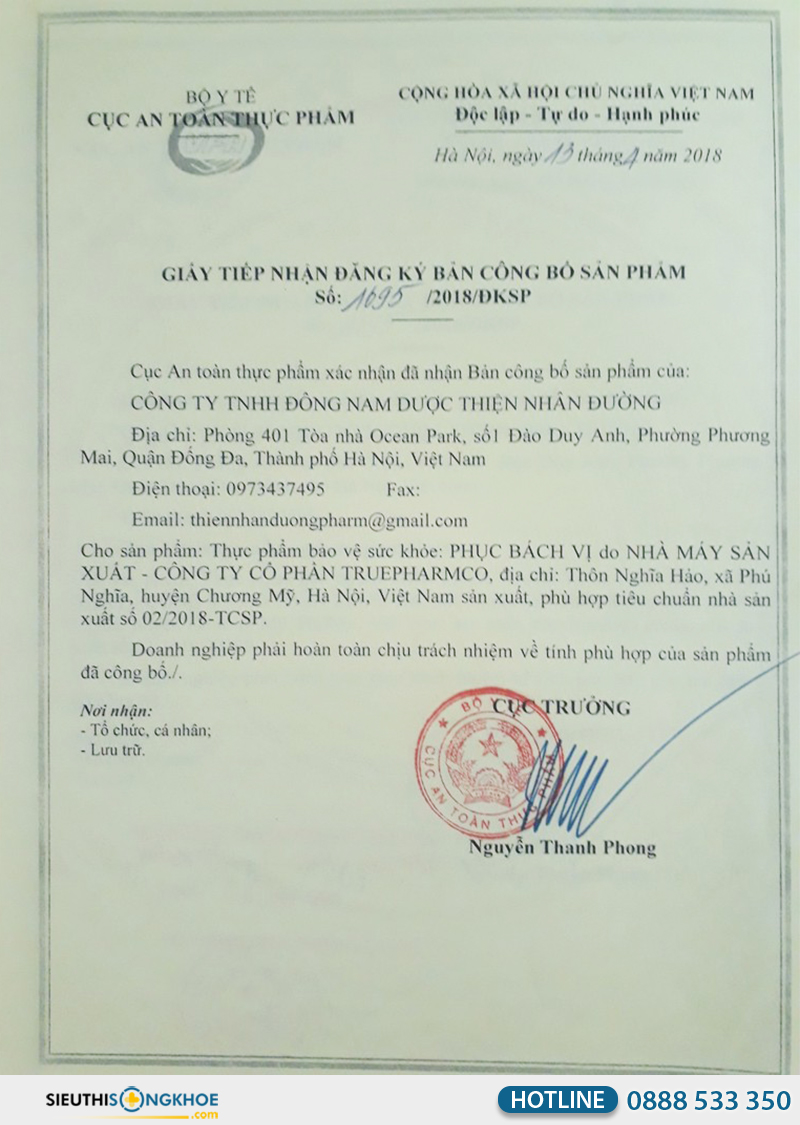giấy chứng nhận của phục bách vị
