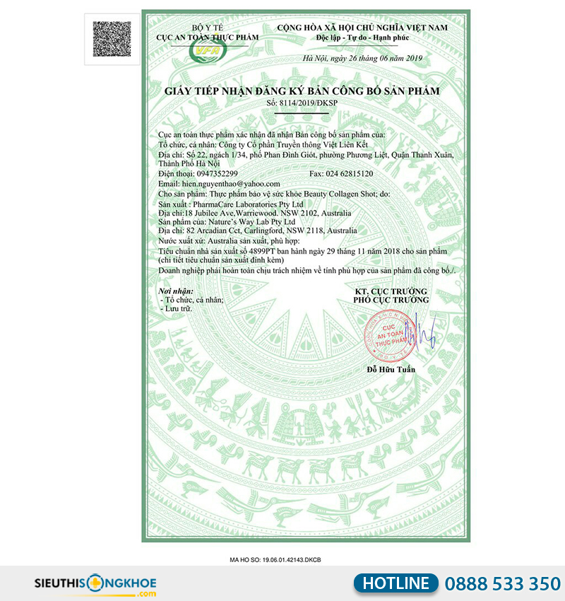 giấy chứng nhận của nature's way beauty collagen shot