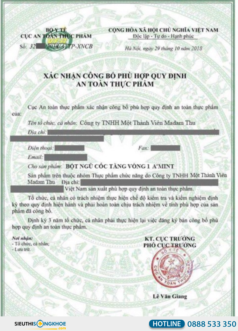 giấy chứng nhận của bột ngũ cốc tăng vòng 1 a'mint