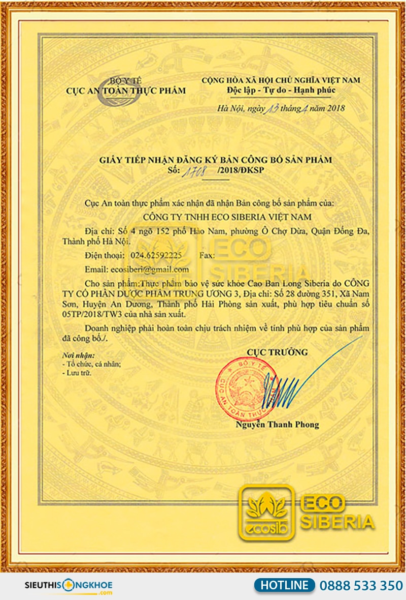 giấy chứng nhận của cao ban long siberia