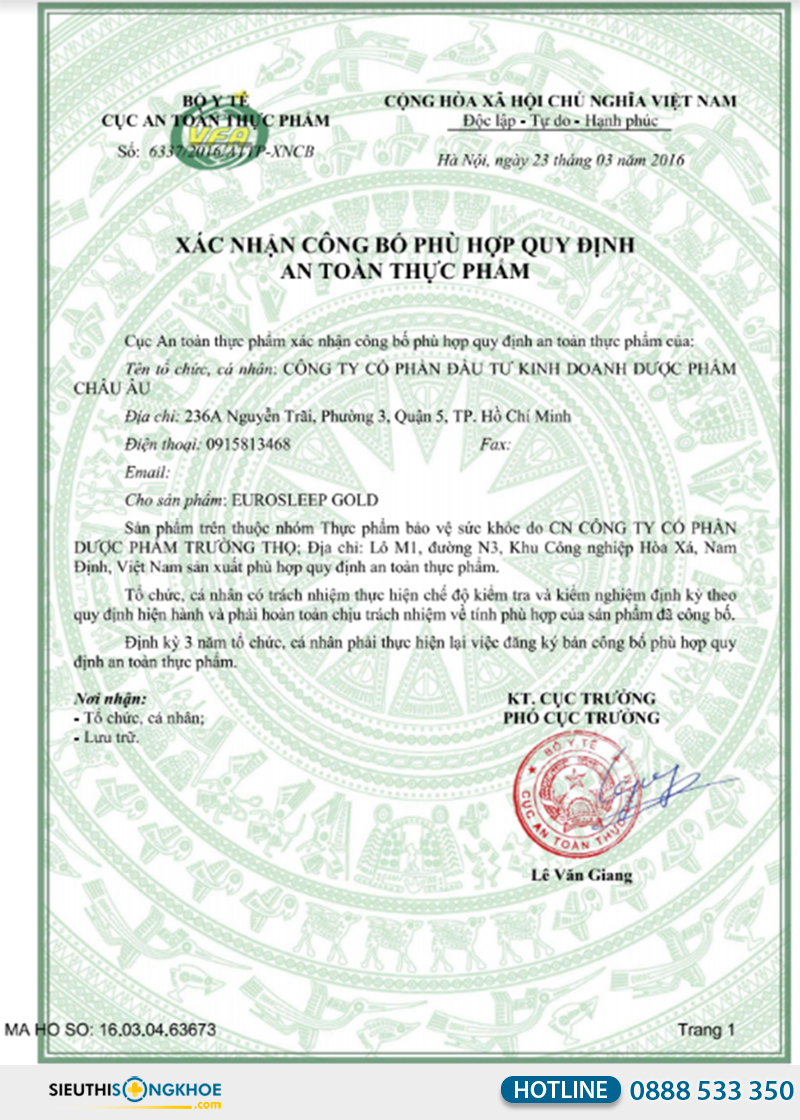 giấy chứng nhânj của euro sleep gold