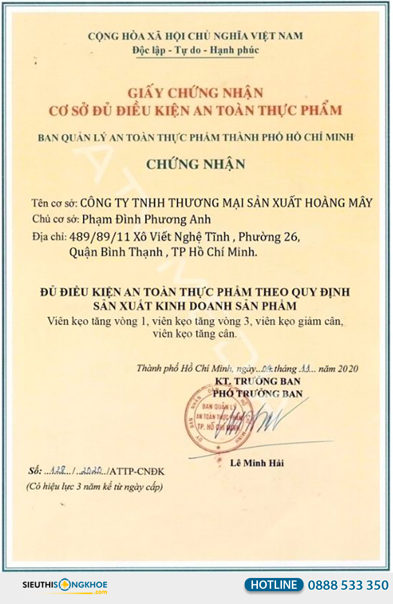 giấy chứng nhận của kẹo tăng vòng 1 hoàng mây