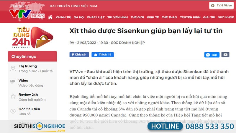 báo vtv new đưa tin xịt thảo dược sisenkun
