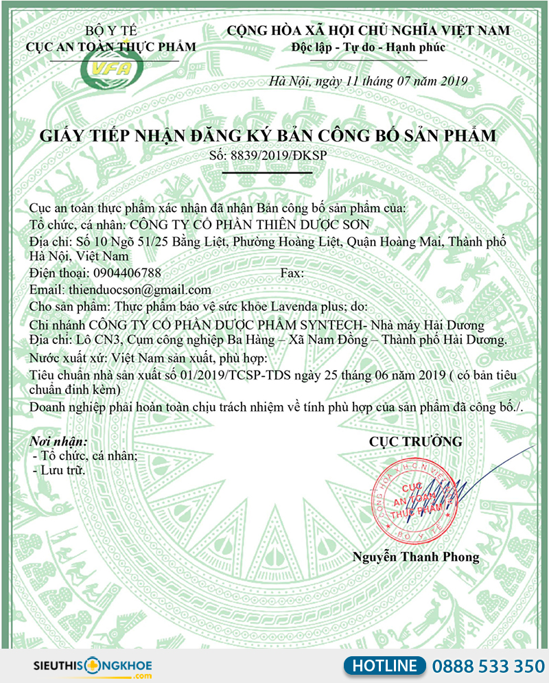 giấy chứng nhận của lavenda plus