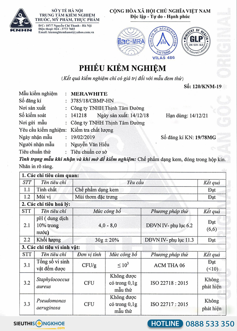 giấy kiểm nghiệm của merawhite night