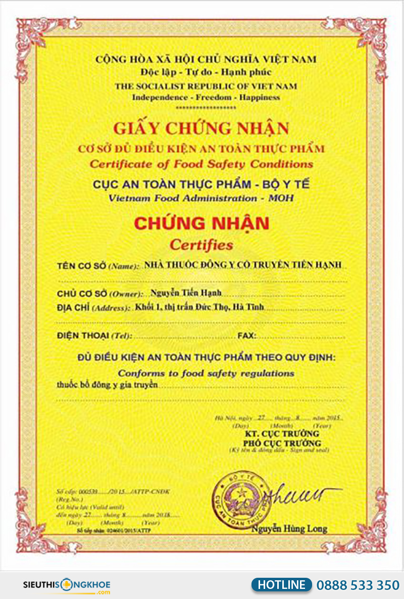 giấy chứng nhận của thảo mộc tiến hạnh