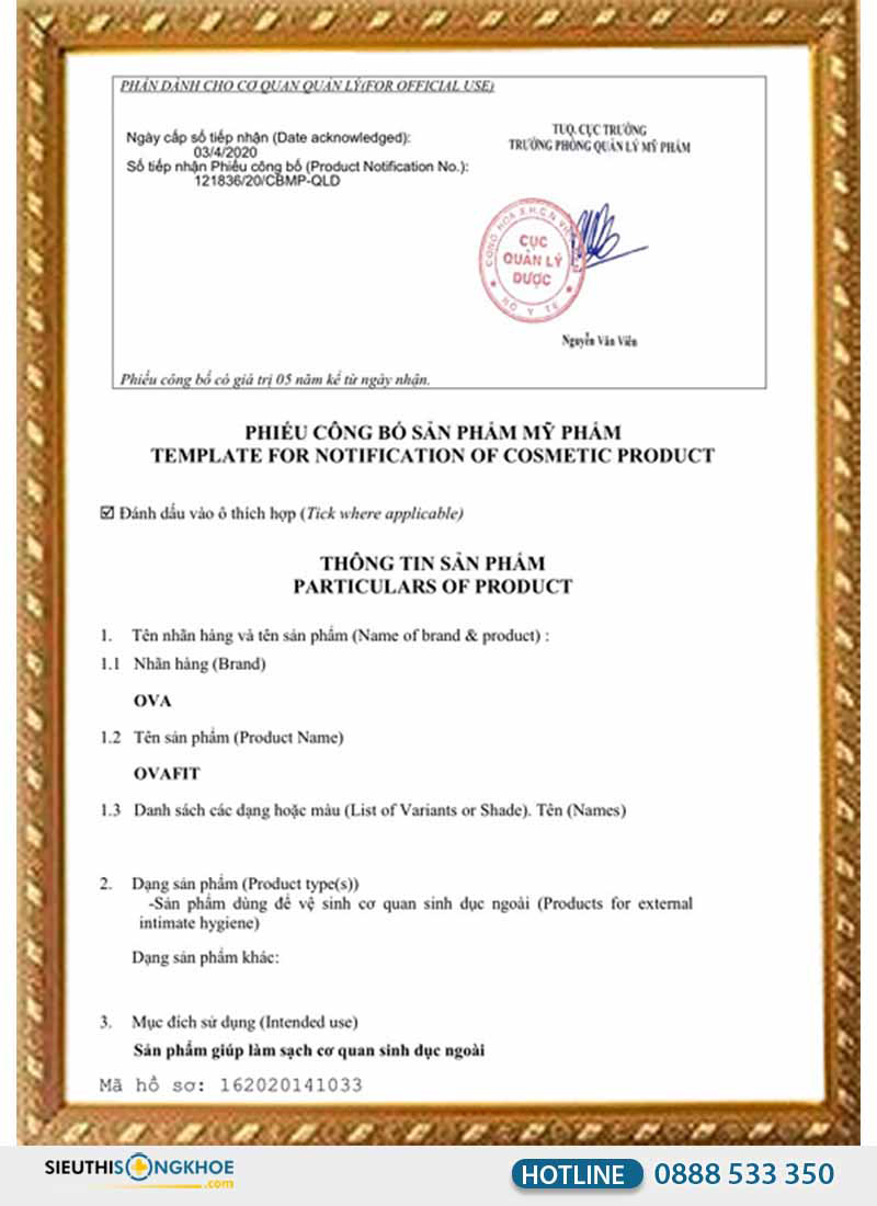 giấy chứng nhận của viên đặt phụ khoa ovafit