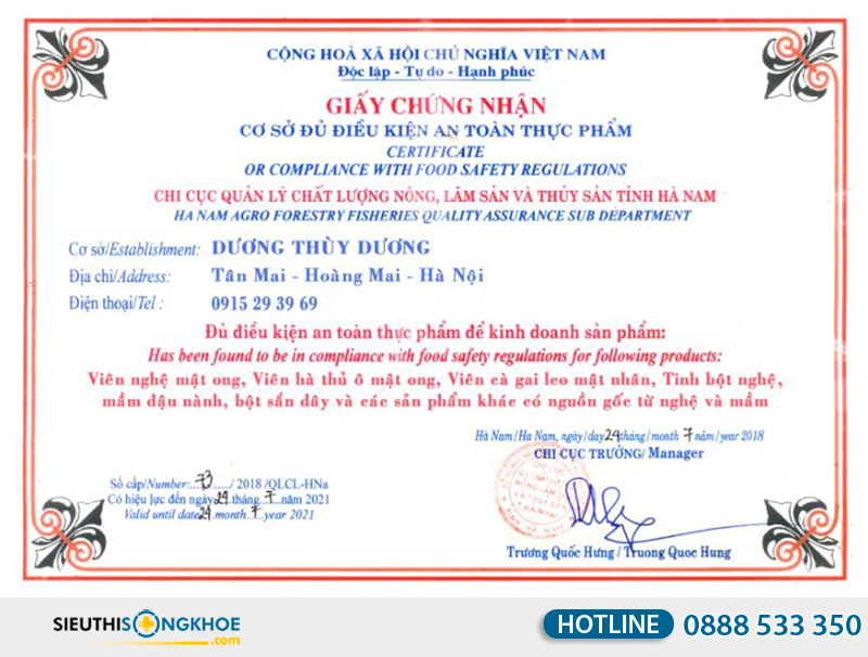 giấy chứng nhận của cà gai leo mật nhân