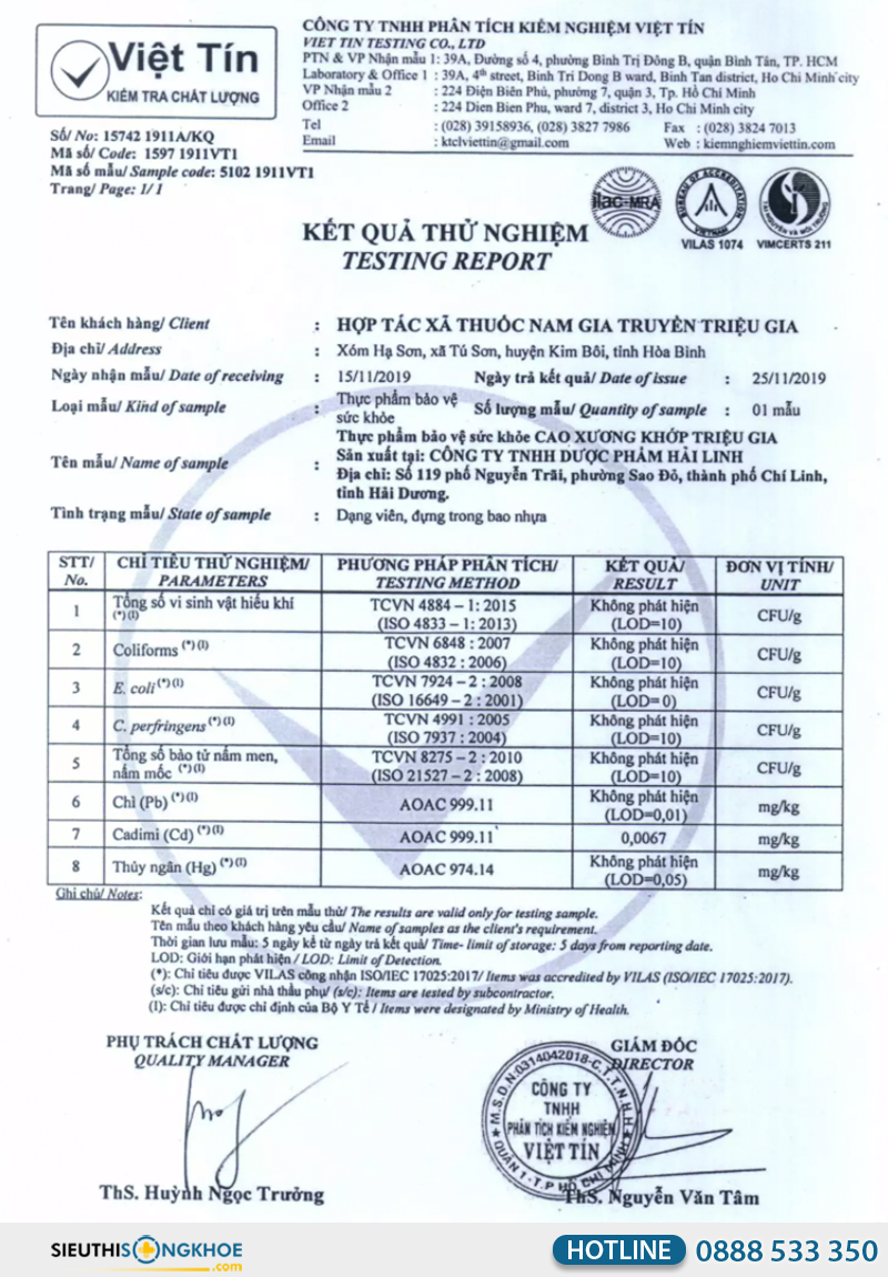 giấy xét nghiệm của cao xương khớp triệu gia