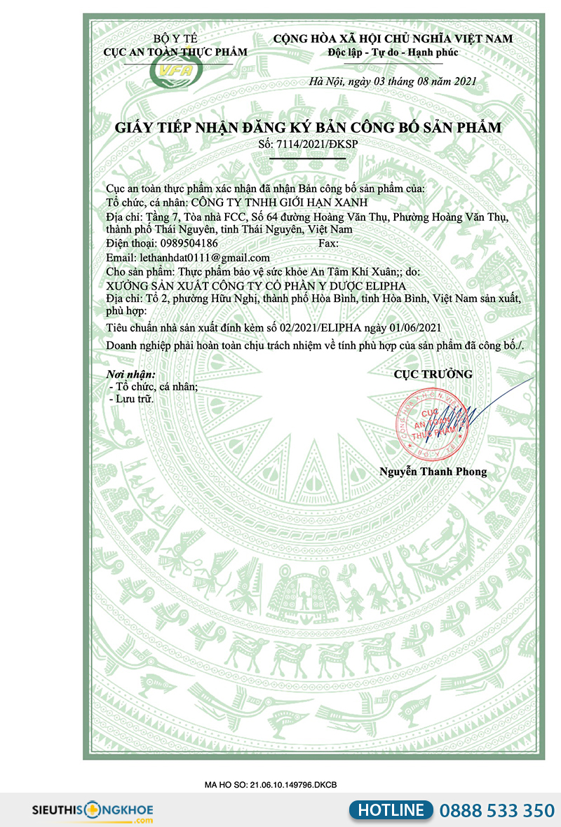 giấy chứng nhận an tâm khí xuân hạ