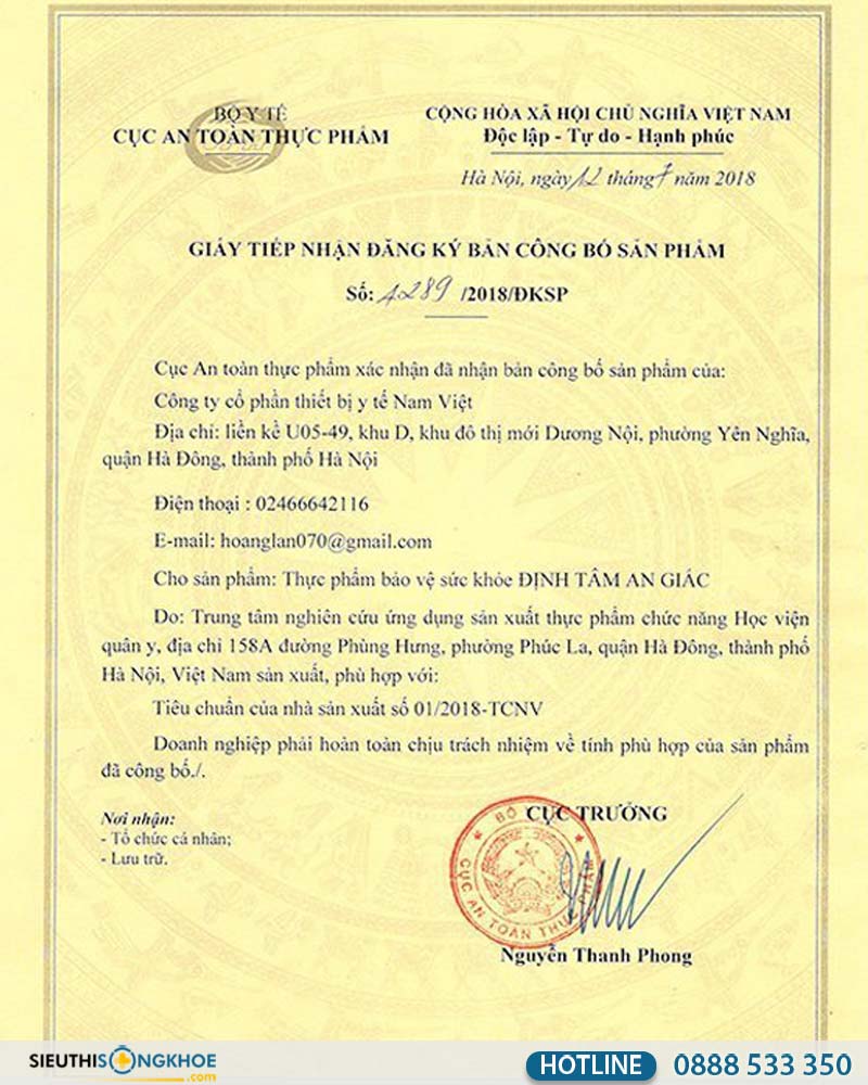 giấy chứng nhận định tâm an giấc