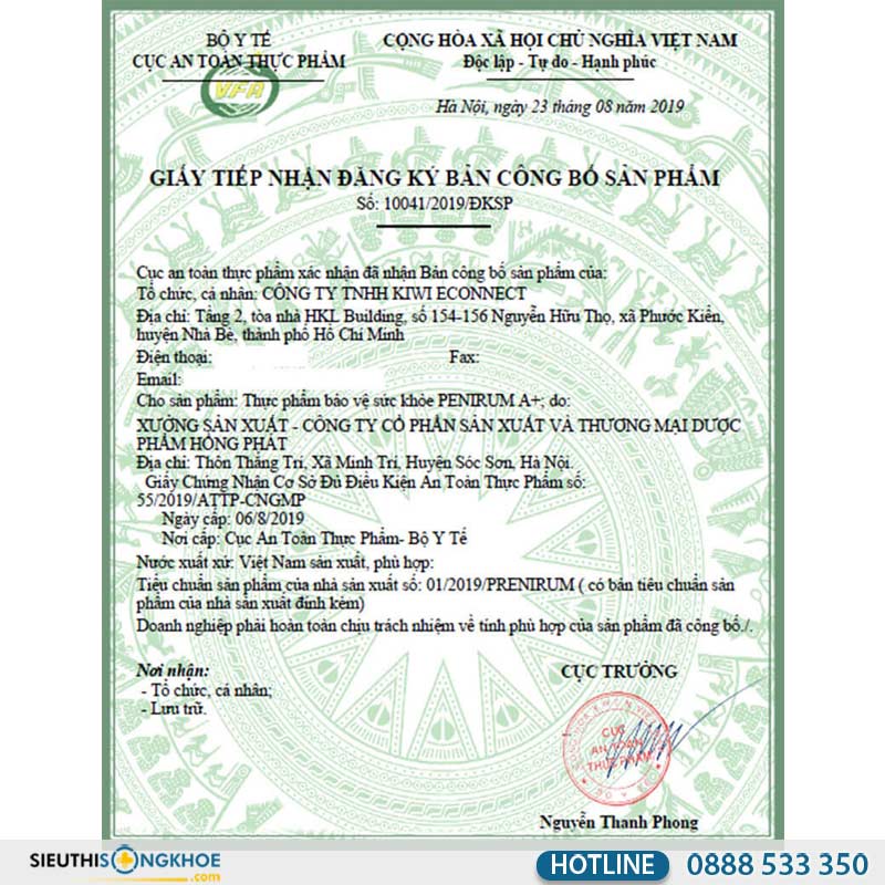 giấy chứng nhận penirum a+