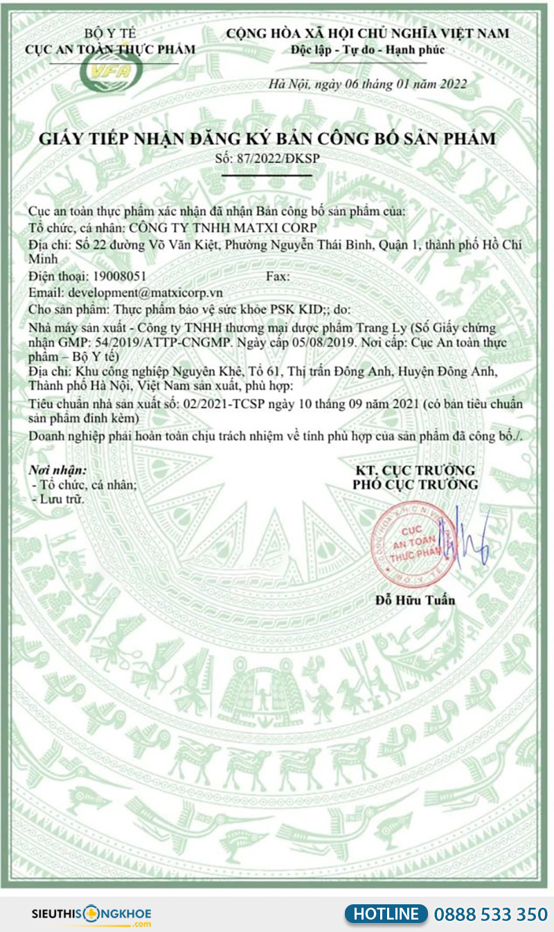 giấy chứng nhận siro psk kid