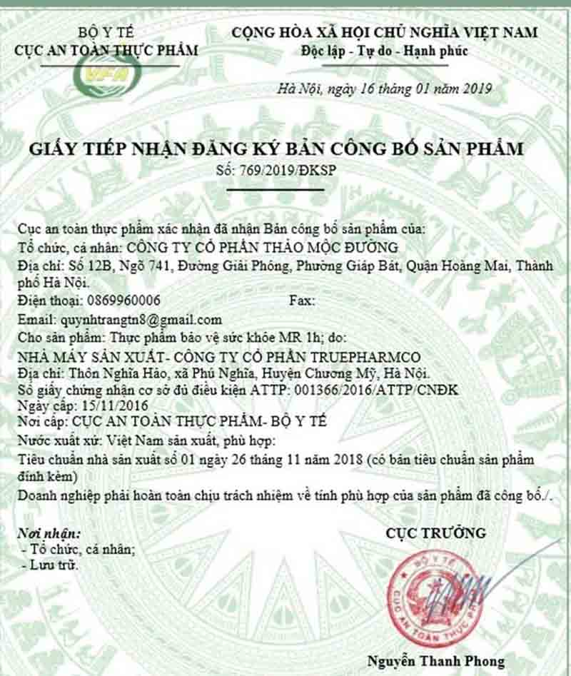 giấy tiếp nhận đăng ký công bố sản phẩm