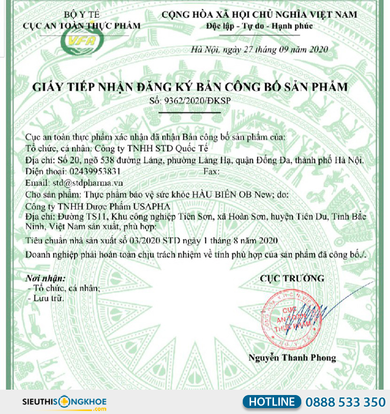 giấy chứng nhận hàu biển ob new