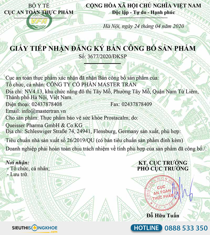 giấy chứng nhận prostacalm doppelherz