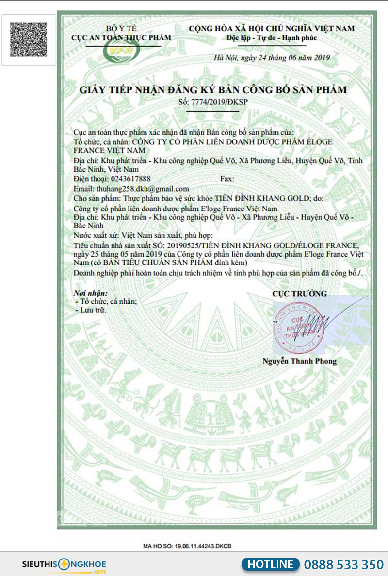 giấy chứng nhận tiền đình khang gold