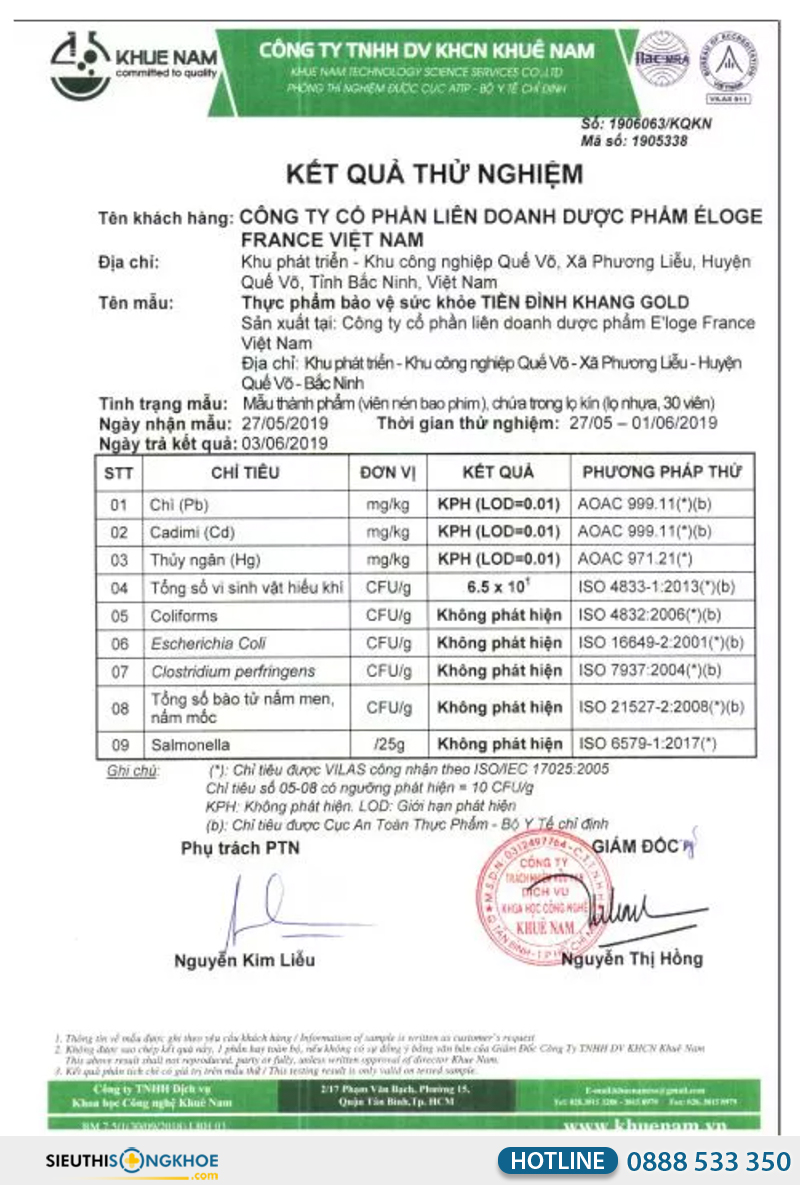 giấy kiểm nghiệm tiền đình khang gold