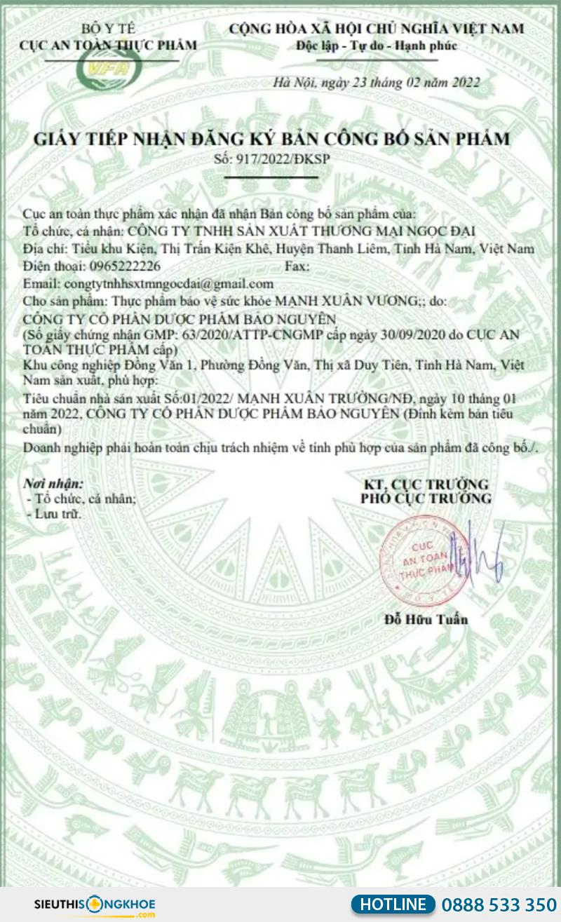 giấy chứng nhận mạnh xuân vương