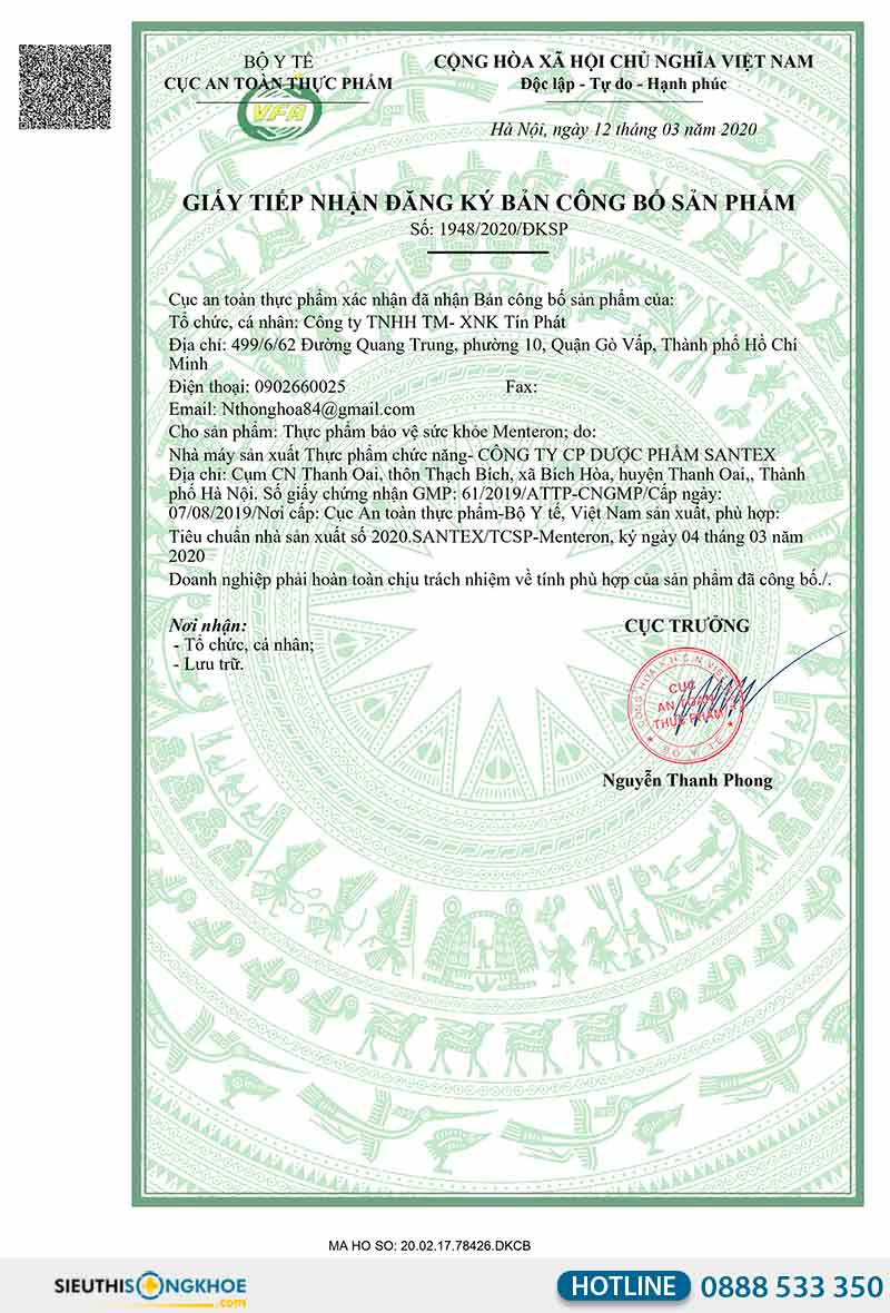 giấy chứng nhận của menteron