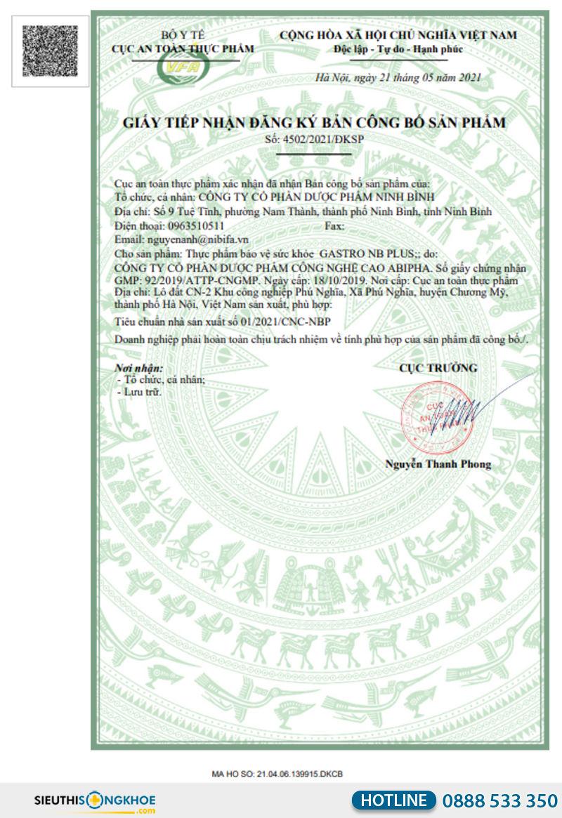 giấy chứng nhận dạ dày gastro nb plus