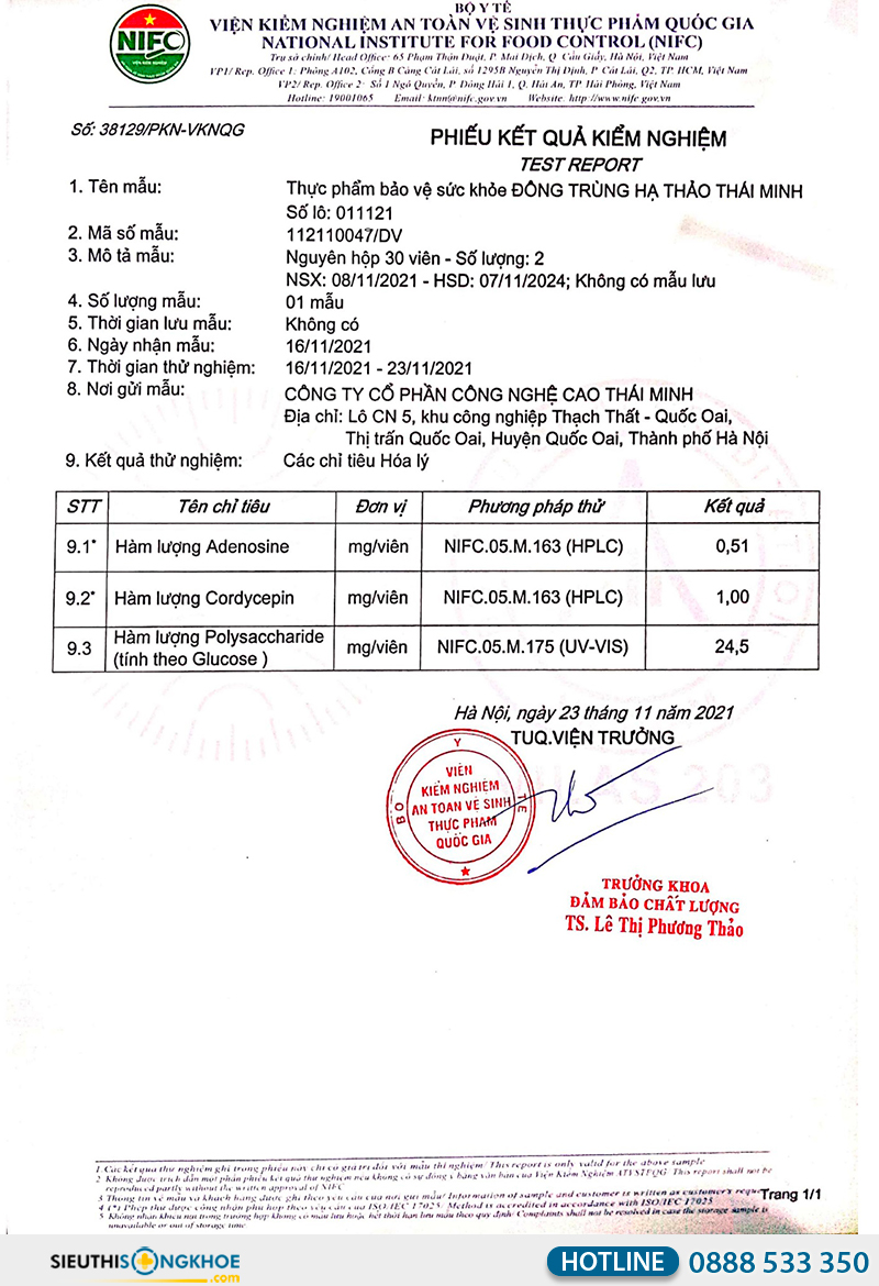 giấy xét nghiệm đông trùng hạ thảo thái minh
