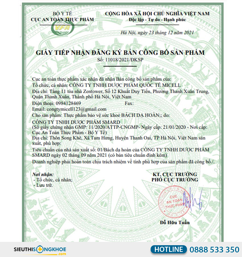 giấy chứng nhận bách dạ hoàn