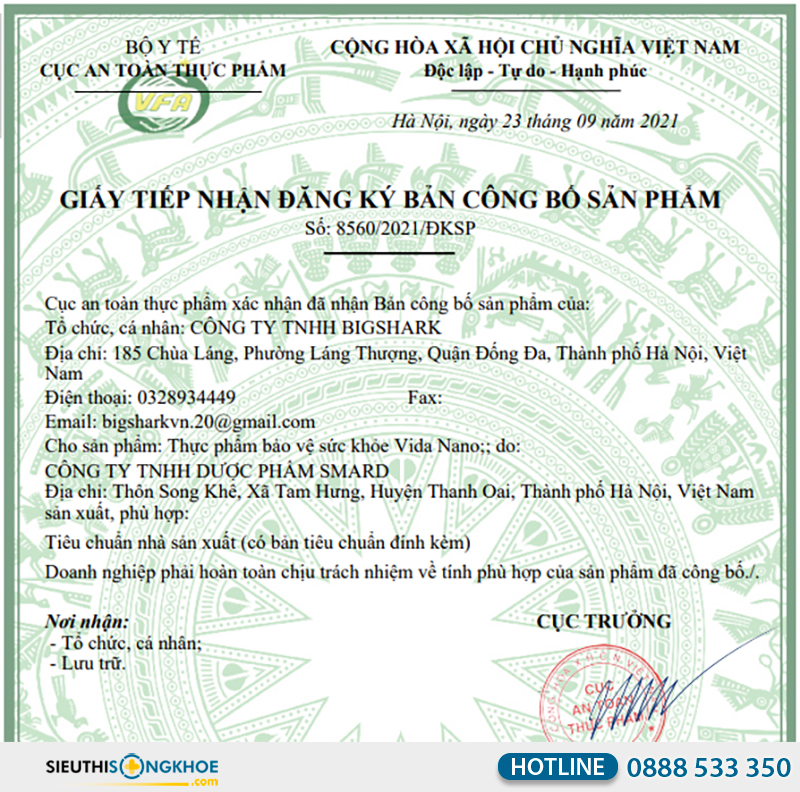 giấy chứng nhận của vida nano