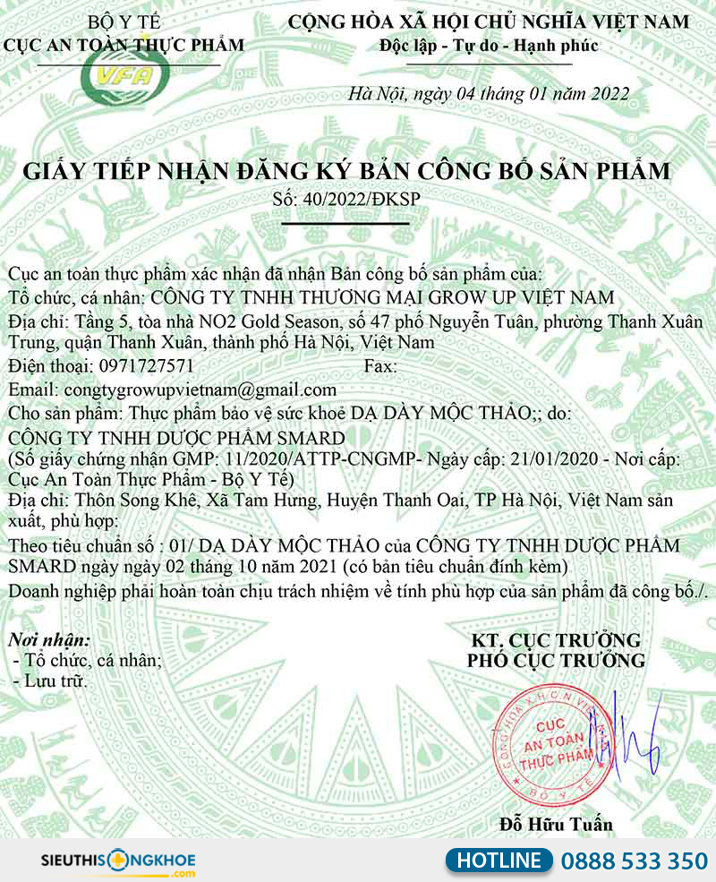 giấy chứng nhận của dạ dày mộc thảo