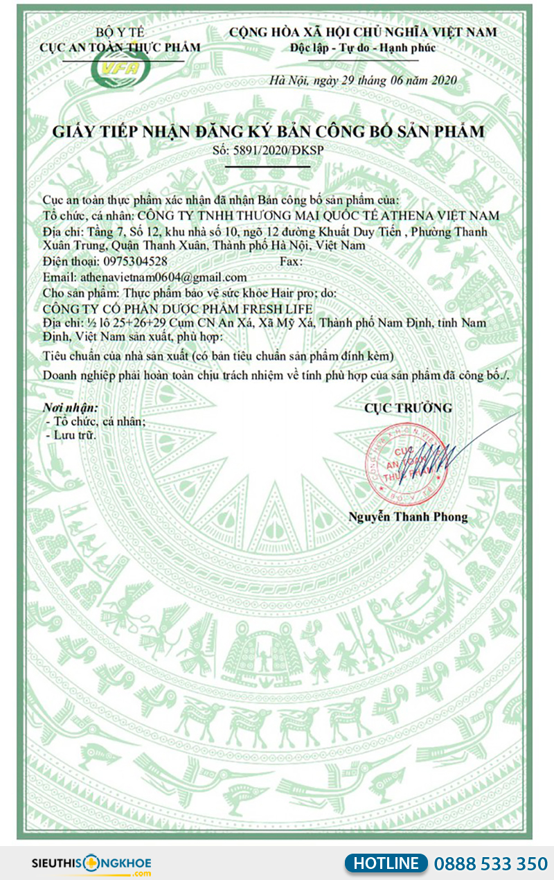 giấy chứng nhận của viên sủi hair pro