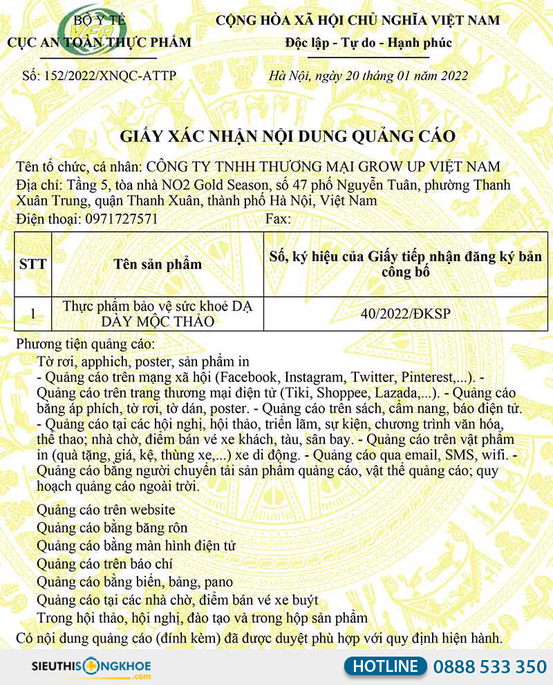 giấy xác nhận quảng cáo của dạ dày mộc thảo