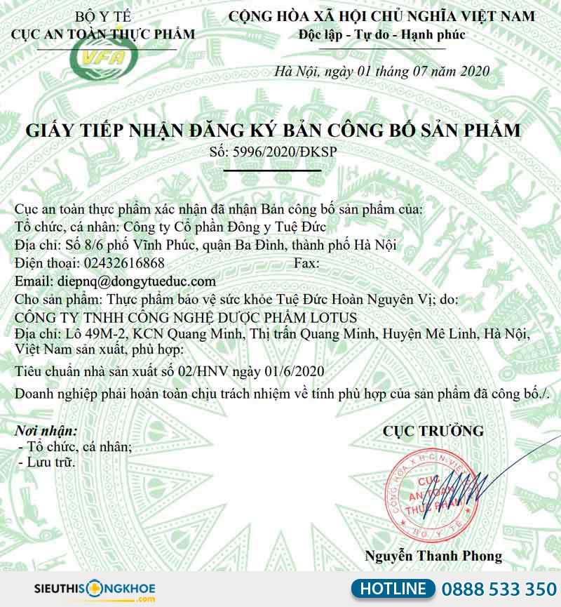 giấy chứng nhận của tuệ đức hoàn nguyên vị