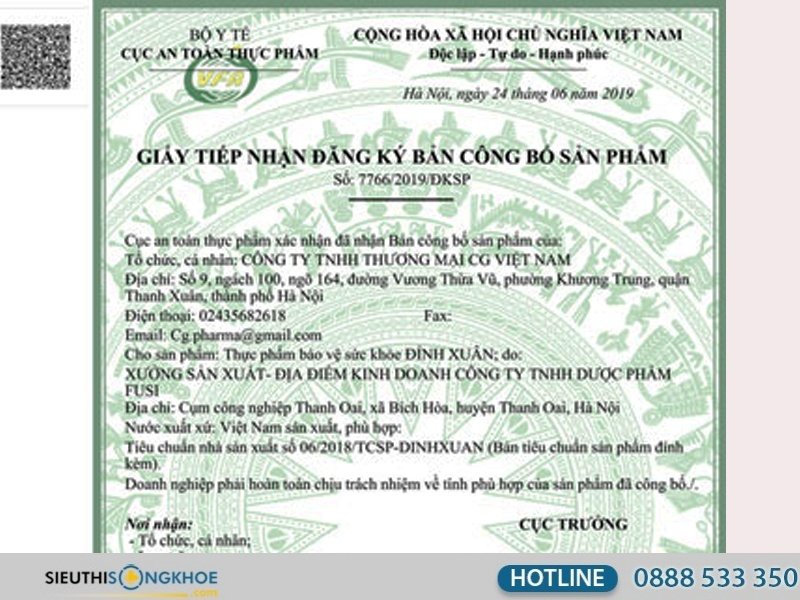 Giấy phép tiếp nhận đăng ký bản công bố sản phẩm của thực phẩm bảo vệ sức khỏe Đỉnh Xuân