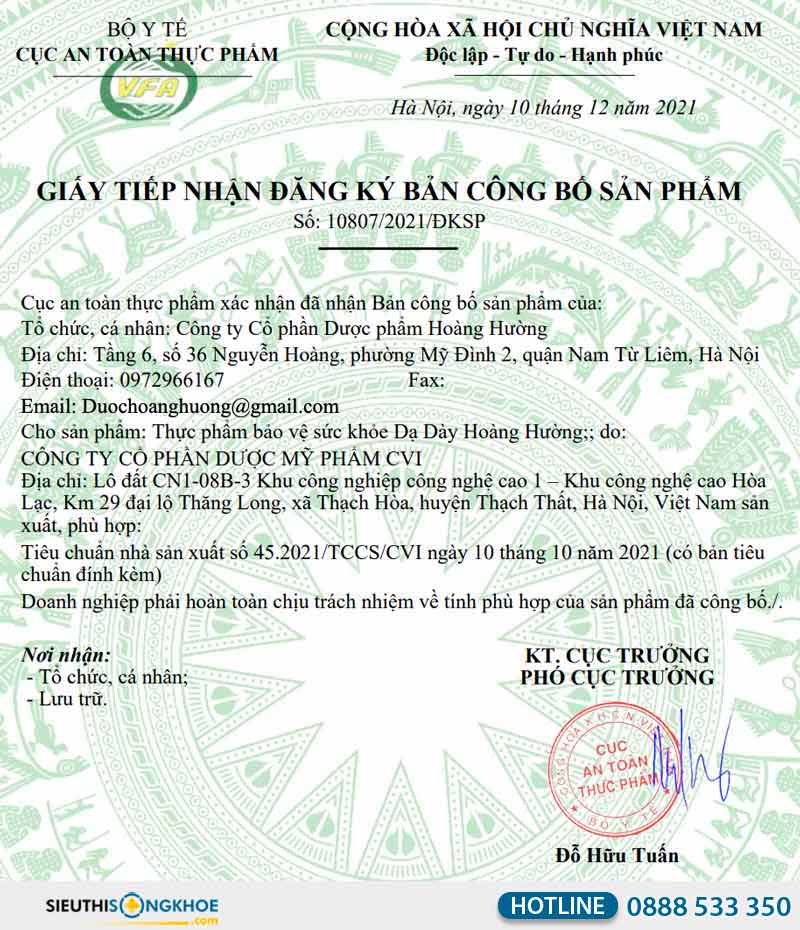 giấy chứng nhận của dạ dày hoàng hường