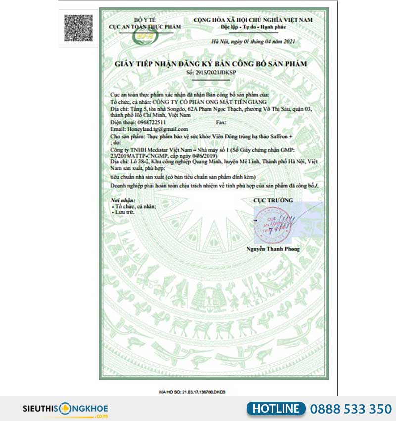 giấy chứng nhận viên đông trùng hạ thảo saffron honey land