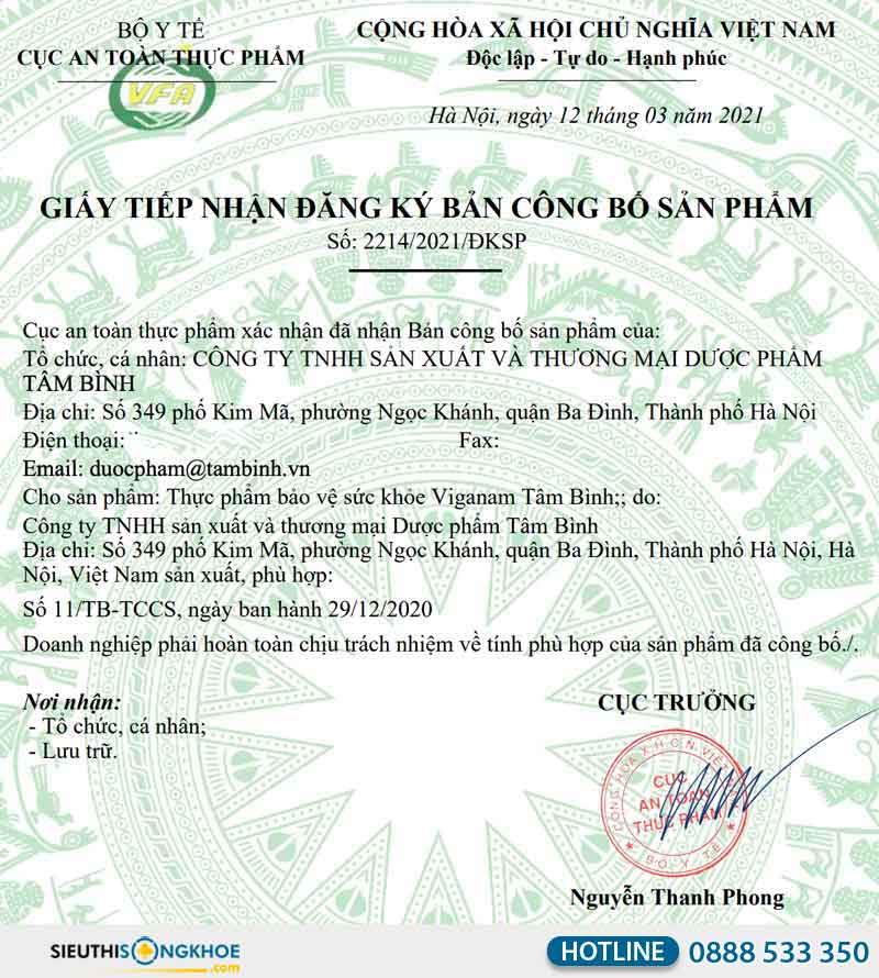 giấy chứng nhận của viganam tâm bình