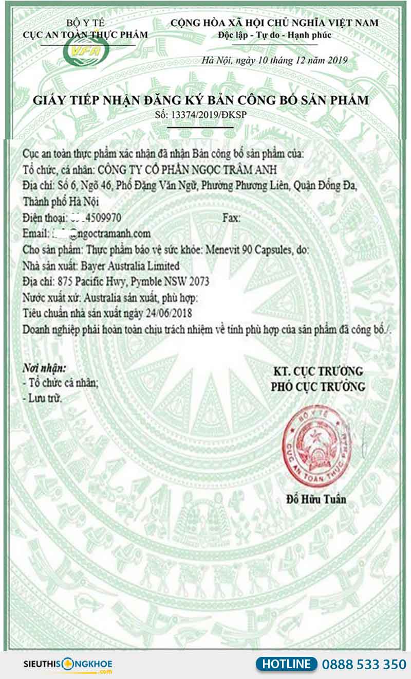 giấy chứng nhận của menevit bayer