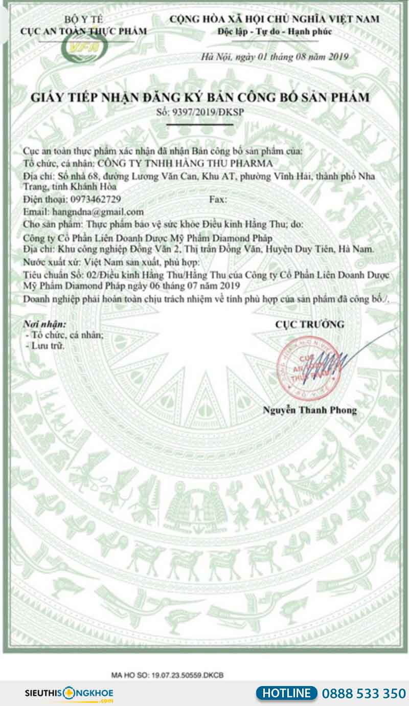 giấy chứng nhận điều kinh hằng thu